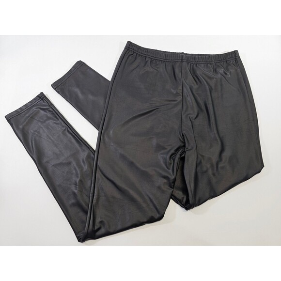 Women's L Plush Fleece Lined Liquid Legging Black Faux Leather Pleather Pants - Picture 2 of 8